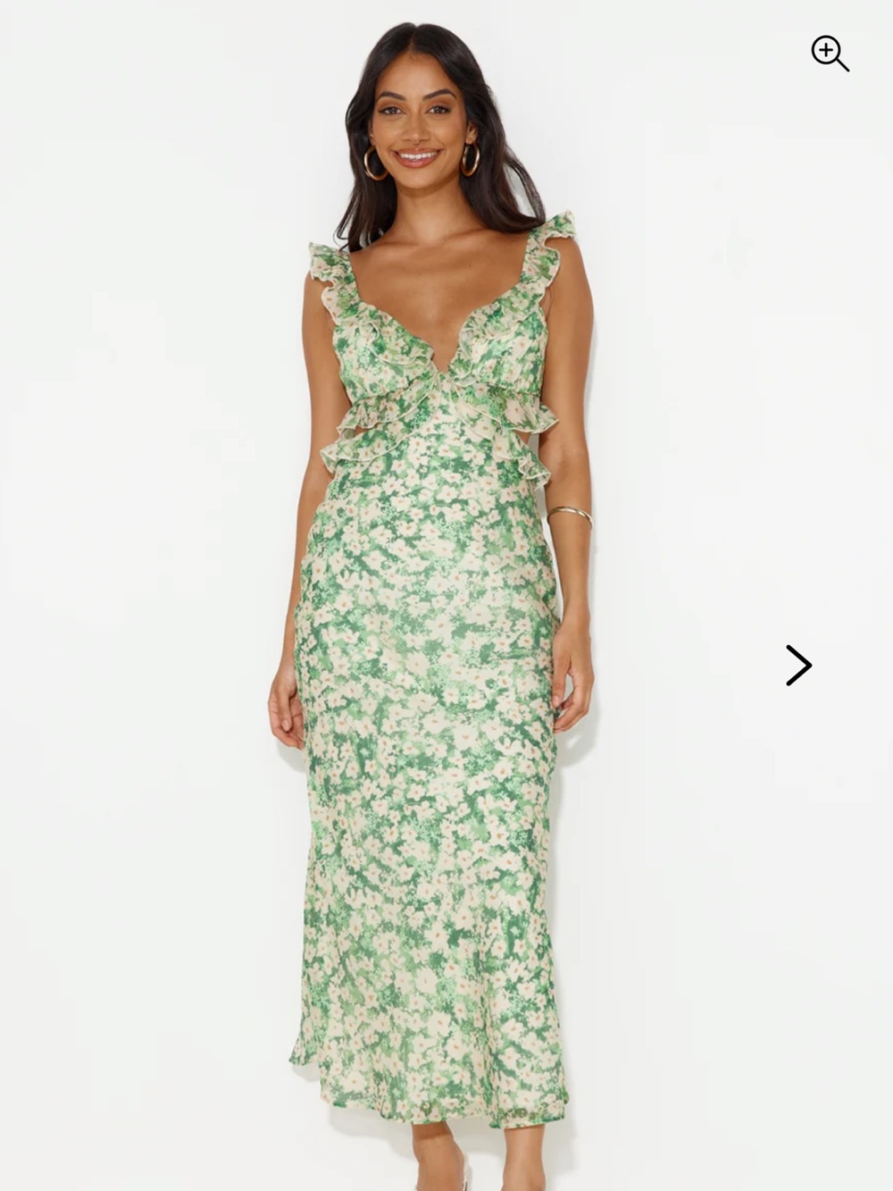 Second Chances Ruffle Trim Maxi Dress Flowers Green